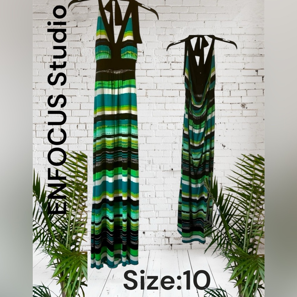 ENFOCUS STUDIO Black and Multicolor Fabric Strap Halter Maxi Dress Size:10 EUC